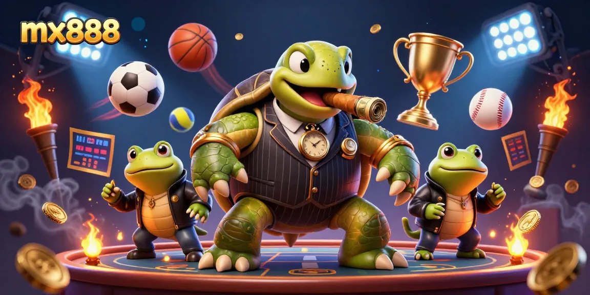 Bet on exciting games with mx888 at the vibrant casino scene featuring a 3D turtle in a stylish suit.