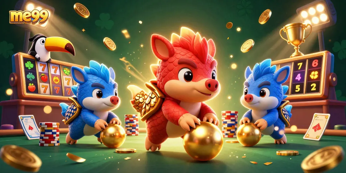 Experience thrilling wins at me99 as vibrant pangolins roll through iconic pokies illustration.