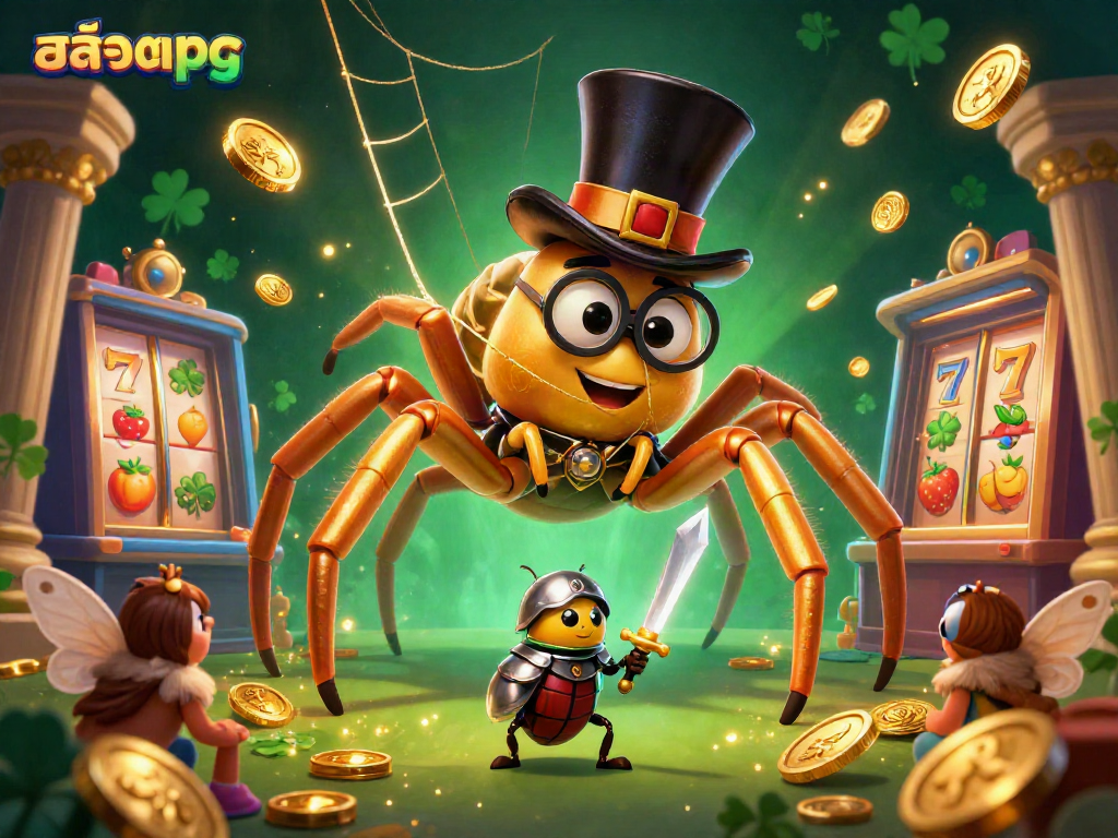 Engage with สล็อตpg through an ultra-detailed casino adventure featuring a golden tarantula and beetle knight.
