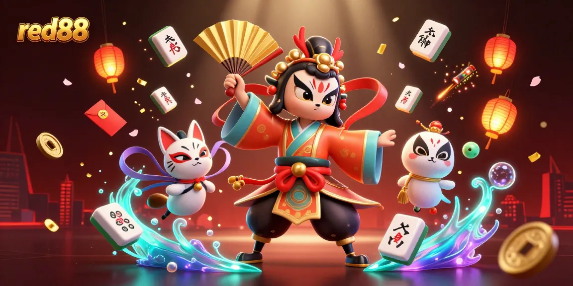 Engage with red88's vibrant 3D casino scene featuring kabuki warriors and festive elements.