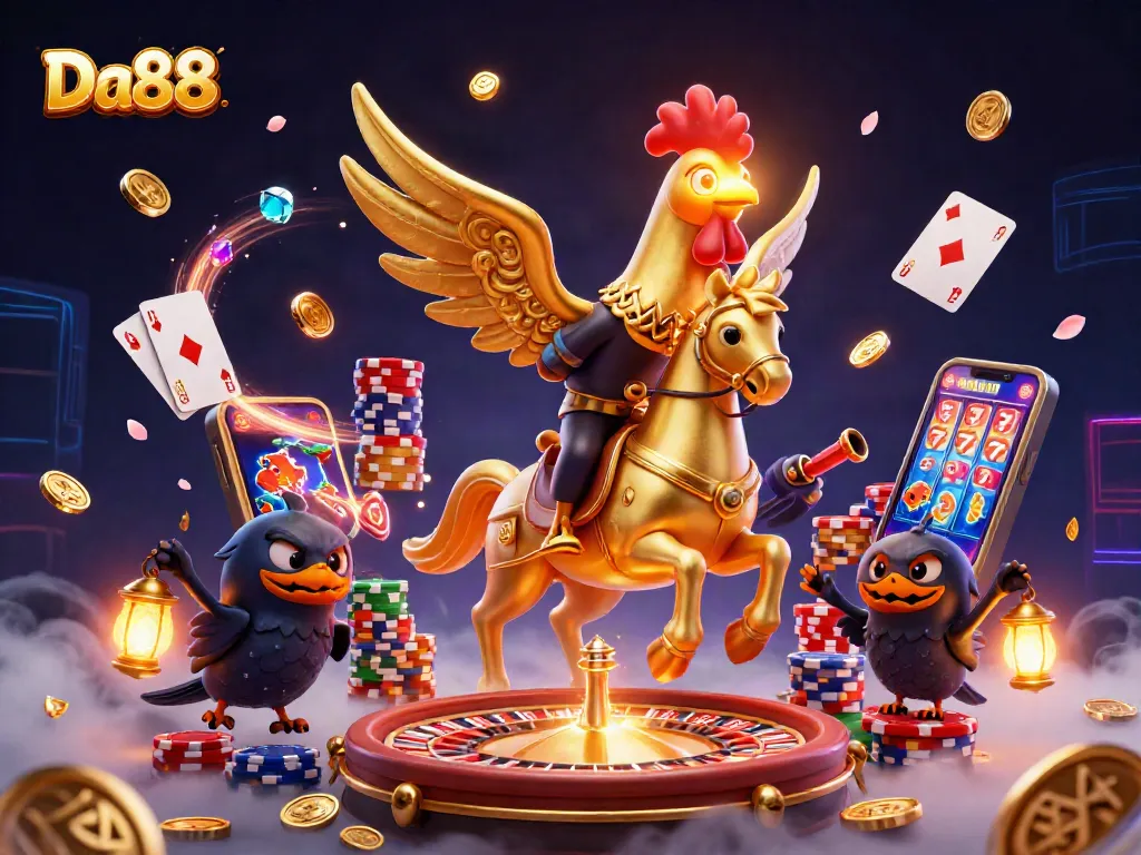 Join Da88's casino experience with a golden rooster and crow companions as they revel in jackpots.