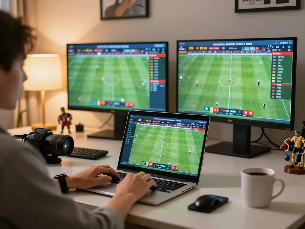 Engaging online sports betting session depicting keo nha cai 5 strategies at home with live scores on display.