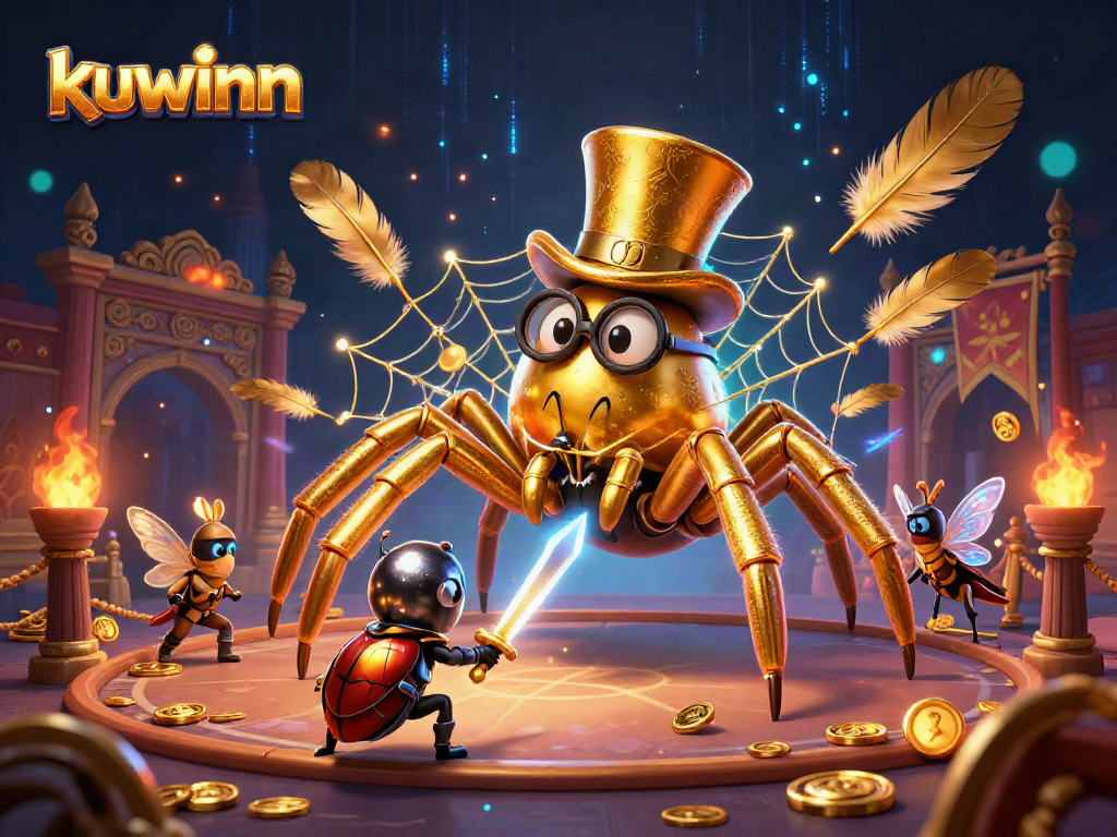 Kuwinn brings excitement with a golden tarantula weaving a web, beetle knight, and moth spectators at a dynamic casino scene.