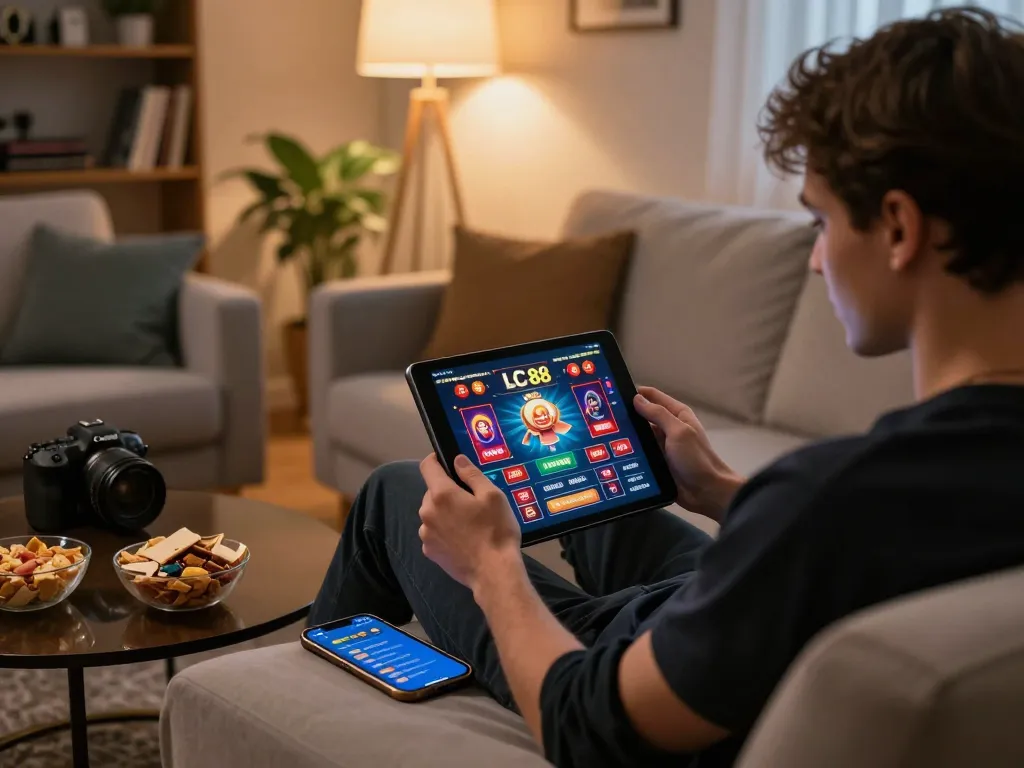 Player enjoying a thrilling gaming experience on LC 88 with tablet and snacks in cozy setting