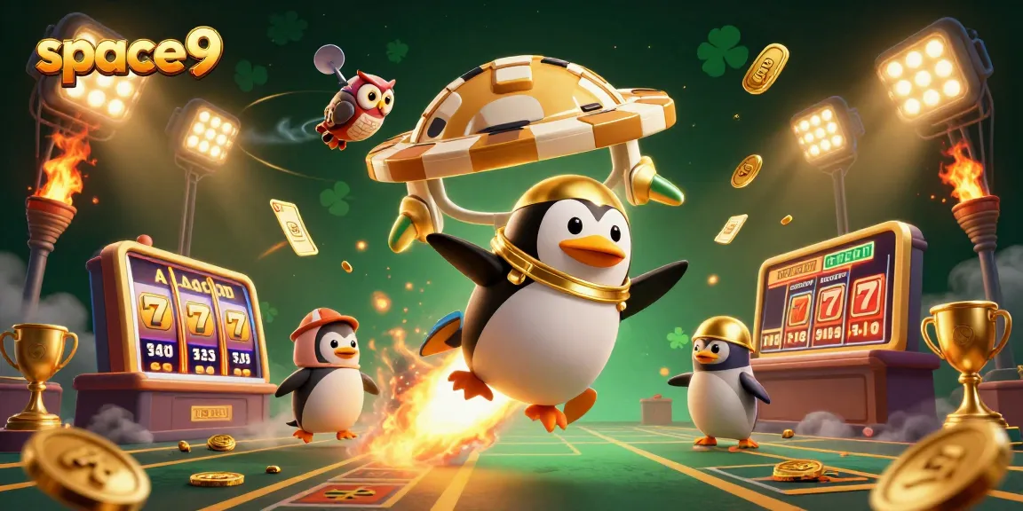 Play exciting games at Space9 Casino, featuring a golden penguin racing towards winnings.