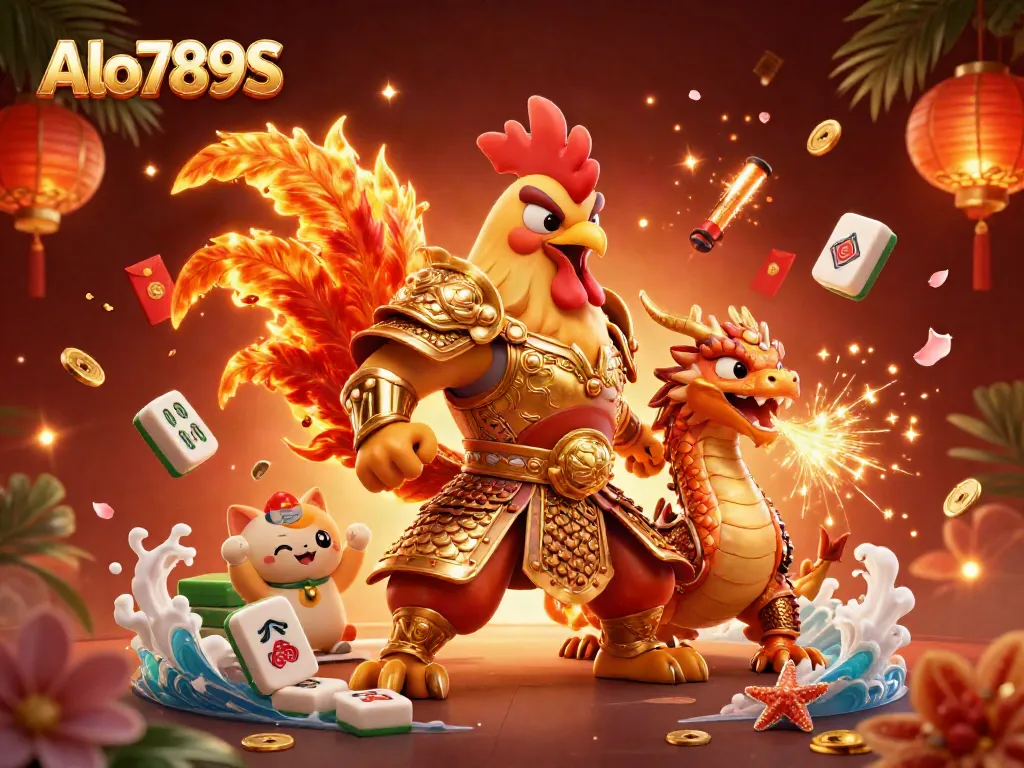 Alo789S showcase exciting gambling with a dynamic fighting rooster, dragon, and festive elements