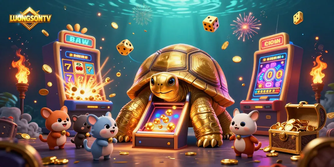 Experience dynamic gambling excitement with LUONGSONTV's colorful 3D gaming illustration featuring vibrant slots and golden jackpots.