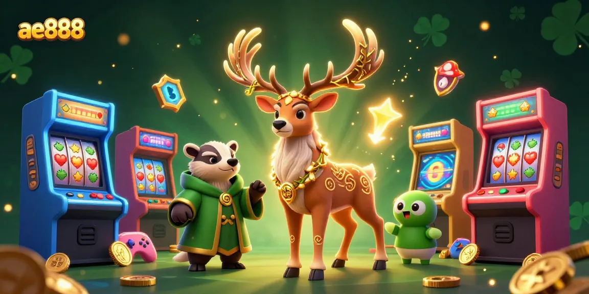 Play slots at ae888, featuring a druid stag, badger, and casino elements in a vibrant scene.