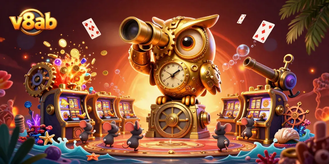 Engage in vibrant gaming action at v8ab, featuring stunning 3D golden owl-themed casino illustration.