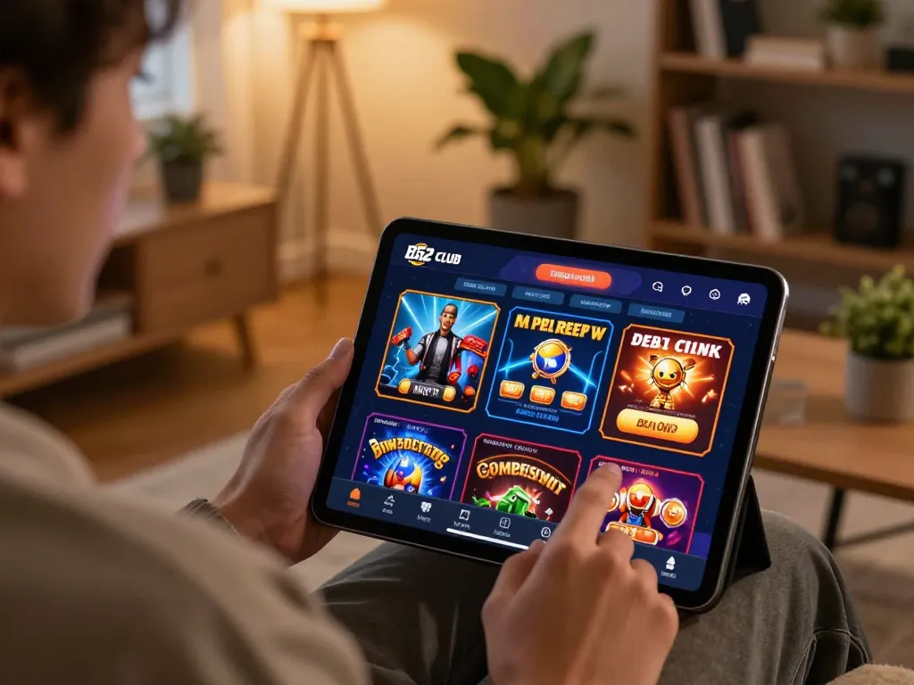 b52 club user exploring exciting games on a tablet in a cozy home setting