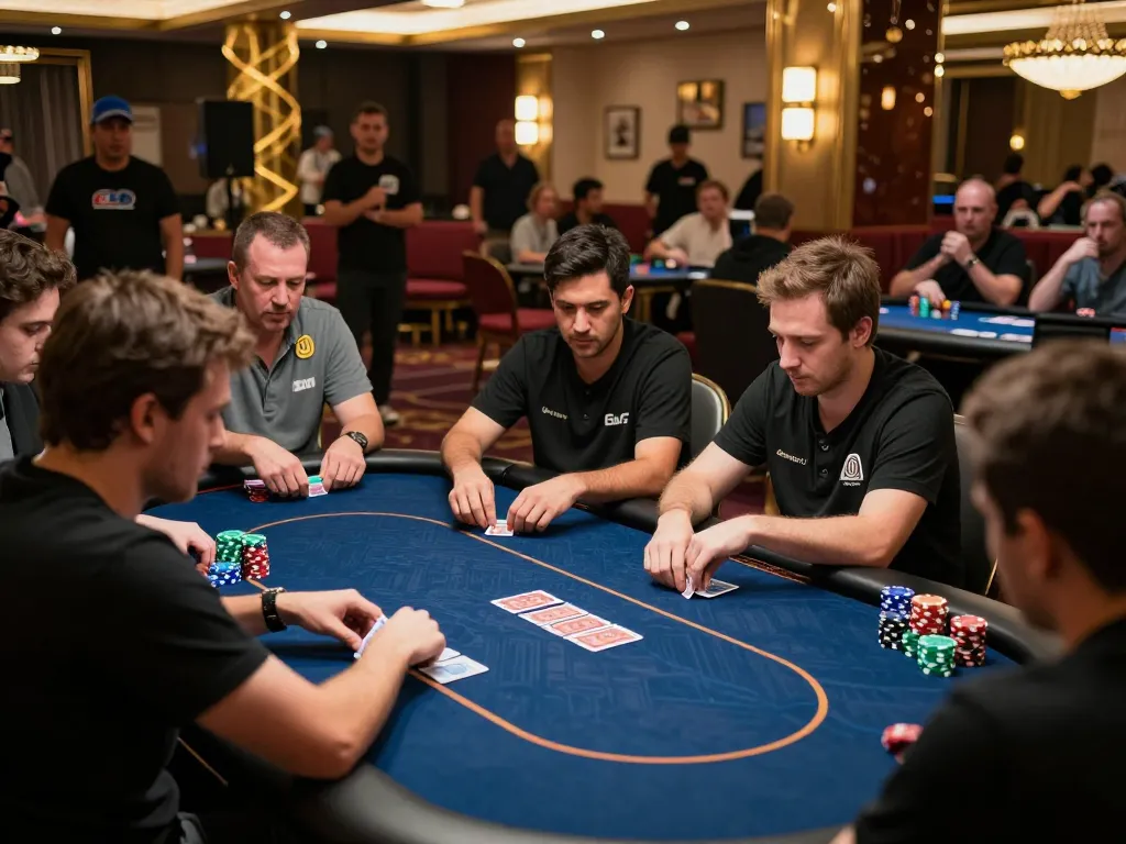 Intense poker gameplay at a high-stakes tournament on ee88go, featuring focused players and vibrant atmosphere.