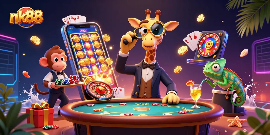 Experience exciting gaming at nk88 with a high-roller giraffe, monkey valet, and vibrant slot reels.