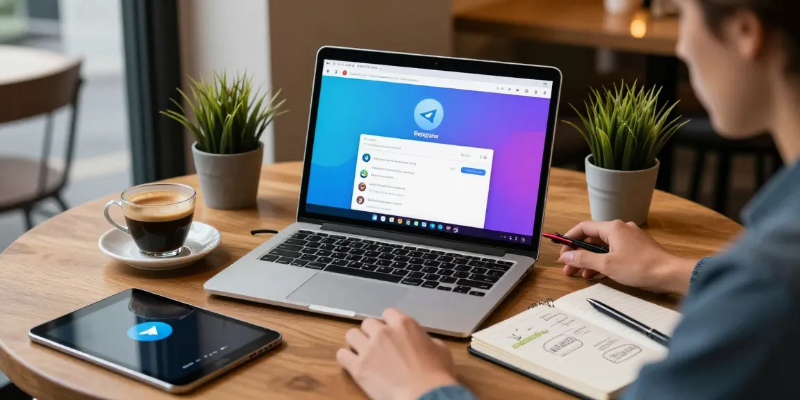 User interacting with the Telegram Web Version on a laptop at a café, showcasing vibrant chat interface and productivity elements.