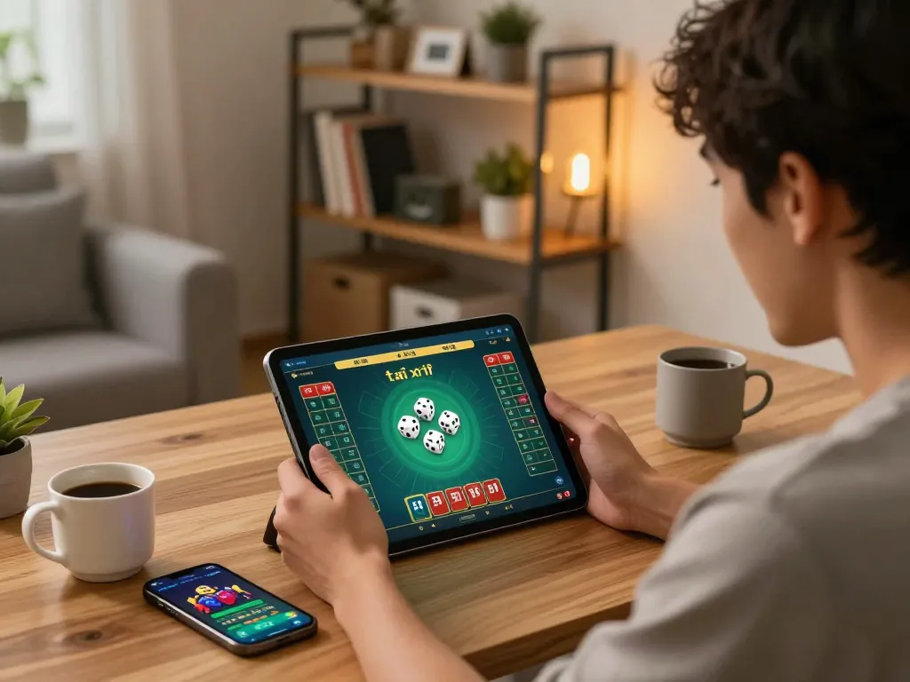 Engaging gameplay of tài xỉu on a tablet in a cozy home office, showcasing excitement.