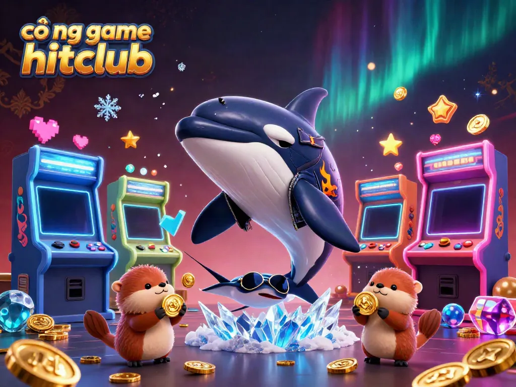 Engaging scene of sea creatures celebrating at the cổng game hitclub, featuring vibrant arcade machines and golden coins.