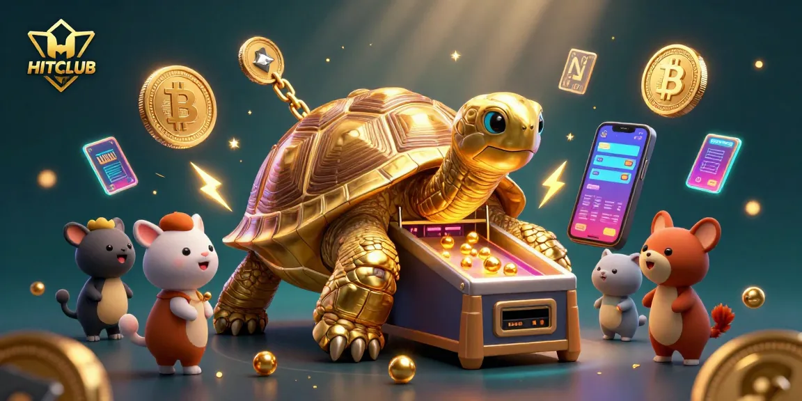 Win at HITCLUB with a vibrant 3D casino scene featuring interactive golden tortoise and crypto elements.
