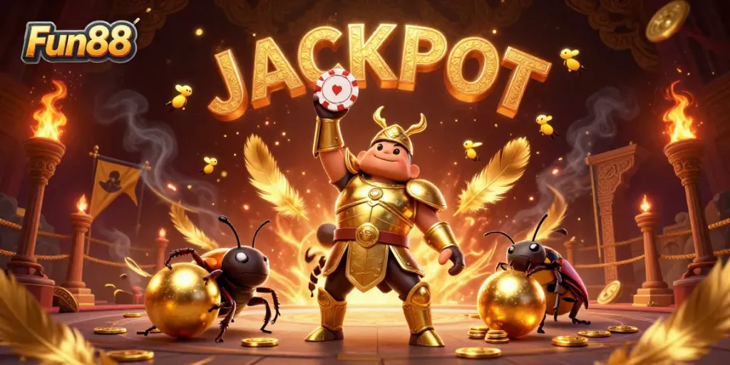 Fun88 celebrates with golden beetles and fireflies, showcasing a vibrant online casino scene.