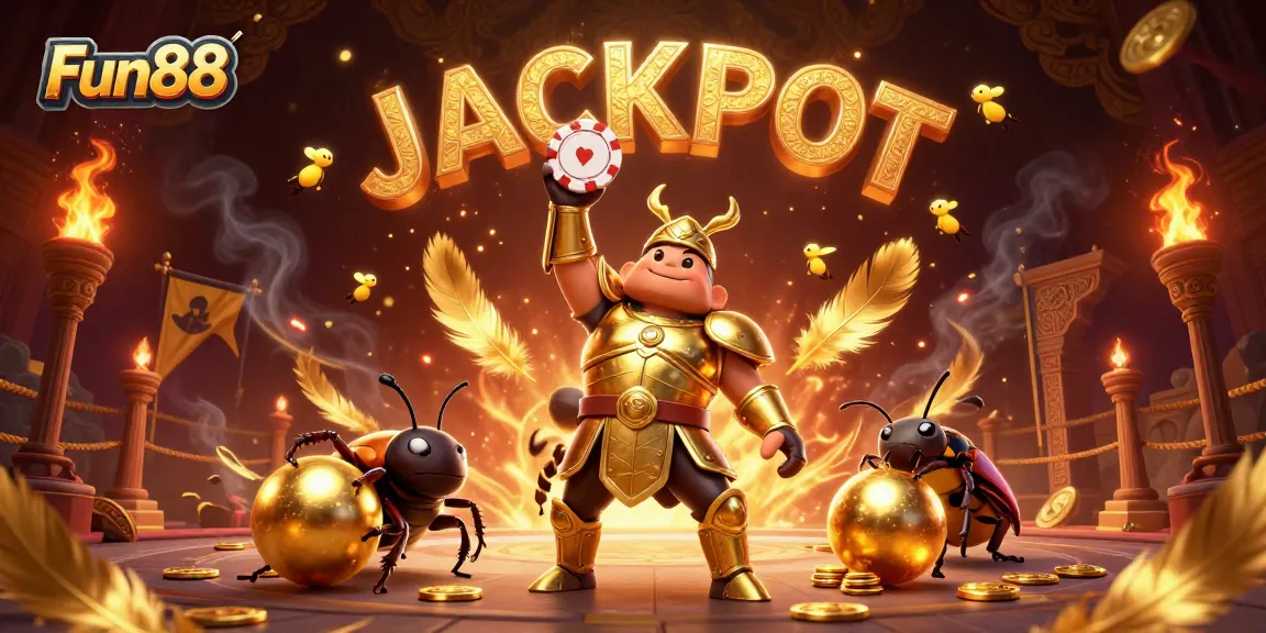 Fun88 celebrates with golden beetles and fireflies, showcasing a vibrant online casino scene.