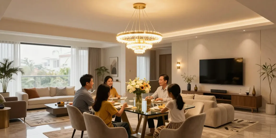 Candelabre led elegante în living modern, iluminare caldă și decor rafinat.