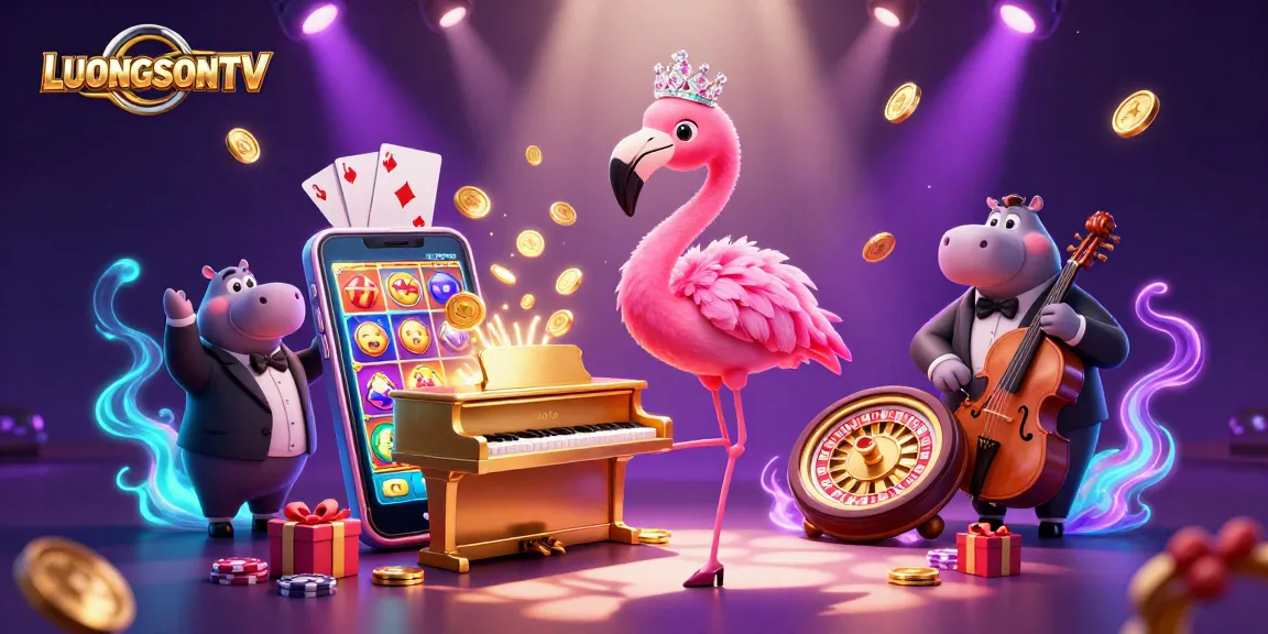 LUONGSONTV showcases an exciting casino scene with dynamic 3D characters and vibrant gambling elements.
