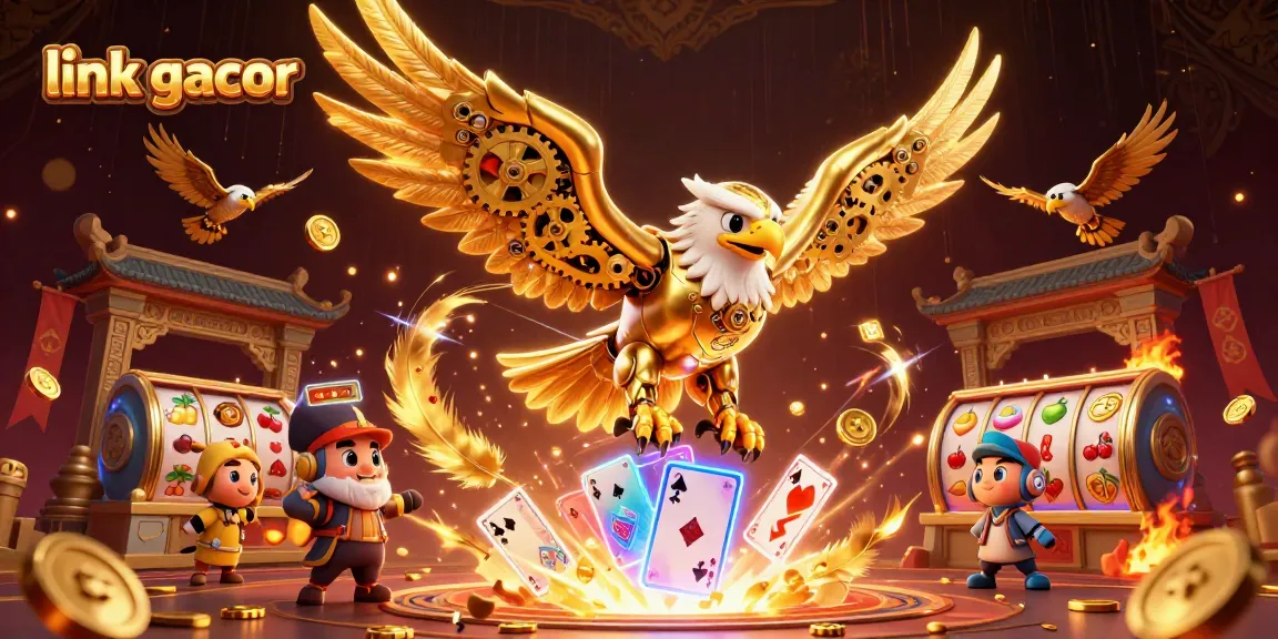 Experience thrilling action with link gacor as a golden eagle dives through slot symbols and holographic cards.