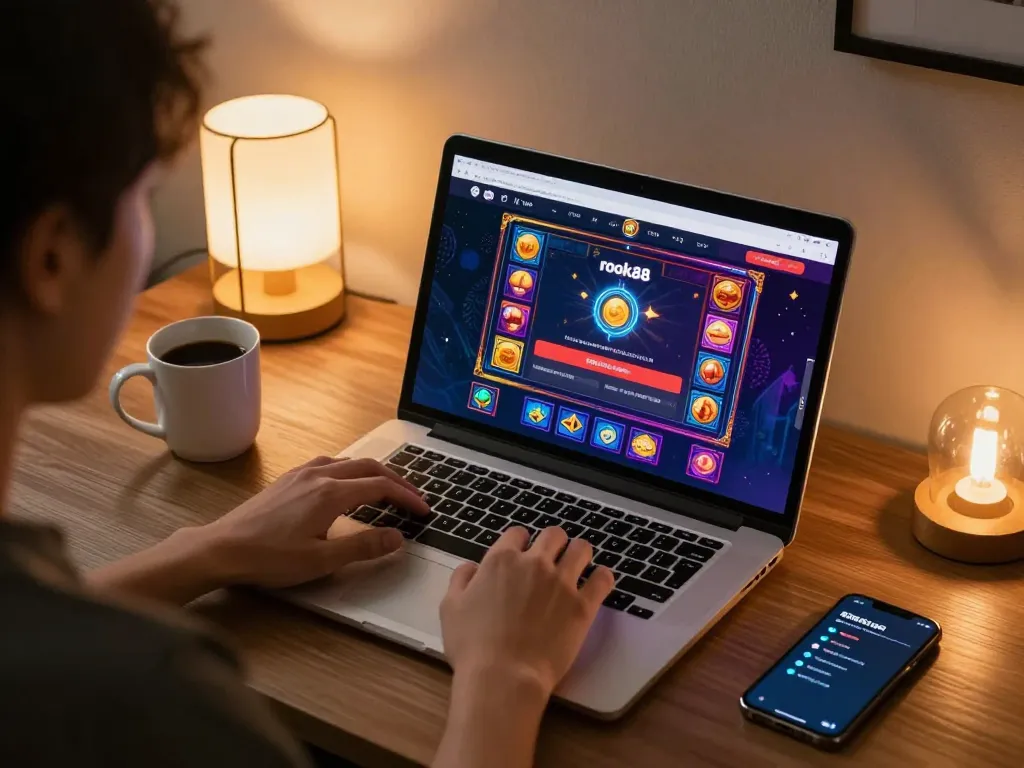 Berinteraksi dengan login slot rokok88 di laptop dalam suasana rumah yang nyaman, menampilkan grafik permainan yang hidup dan suasana yang nyaman.