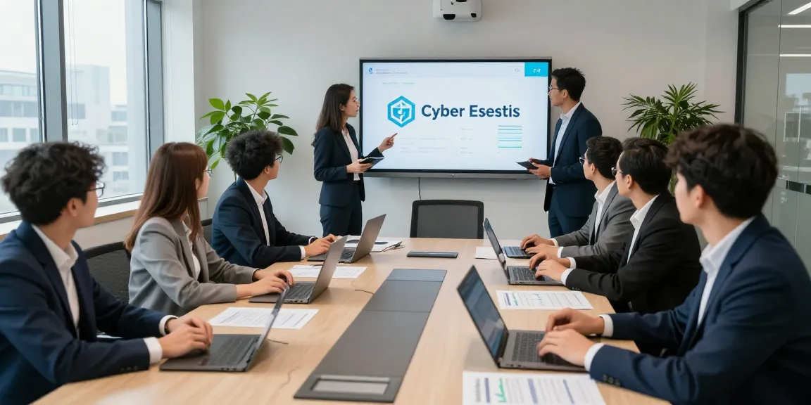 Cyber Essentials renewal meeting with team discussing compliance at a modern office.