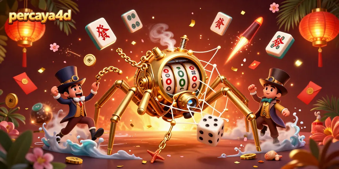 Menangkan dengan percaya4d, gambar ilustrasi 3D yang menampilkan laba-laba emas dan simbol slot.