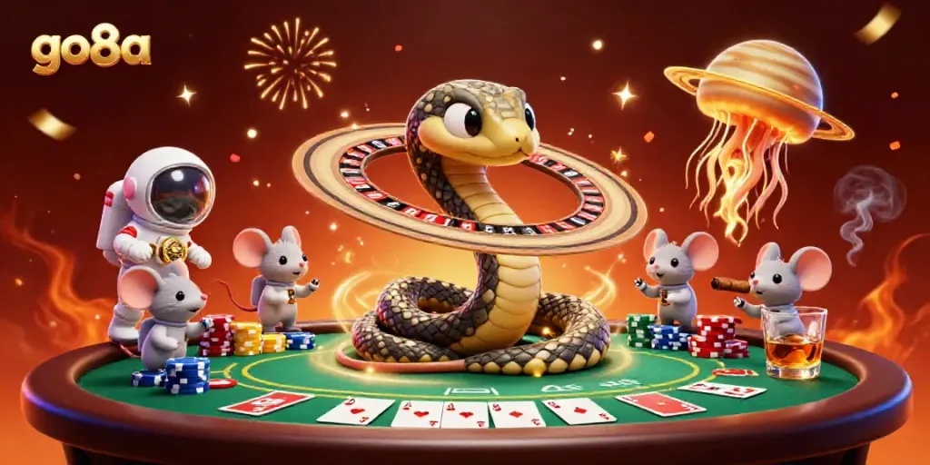 Engage with go8a's cosmic casino scene, featuring playful astronaut mice betting by a roulette wheel in space.