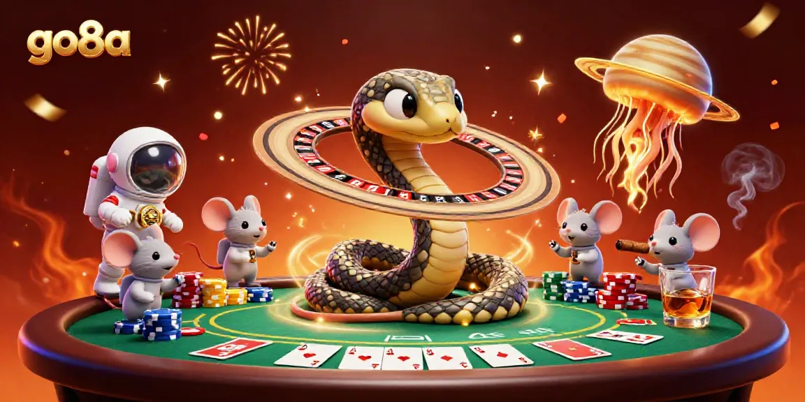 Engage with go8a's cosmic casino scene, featuring playful astronaut mice betting by a roulette wheel in space.