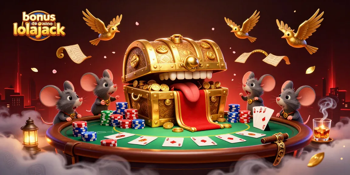 Experience thrilling gameplay with bonus de casino lolajack featuring a treasure chest, poker elements, and lively atmosphere.