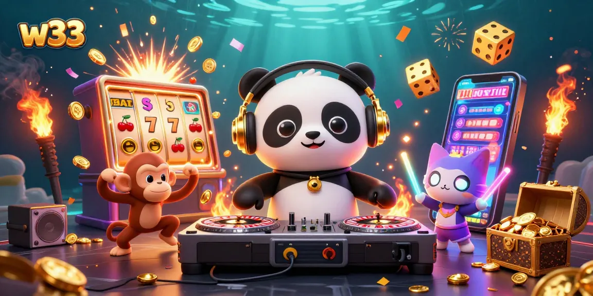 Spin to win at w33 with an exhilarating scene featuring a DJ panda, breakdancing monkey, and glow-stick kitten.
