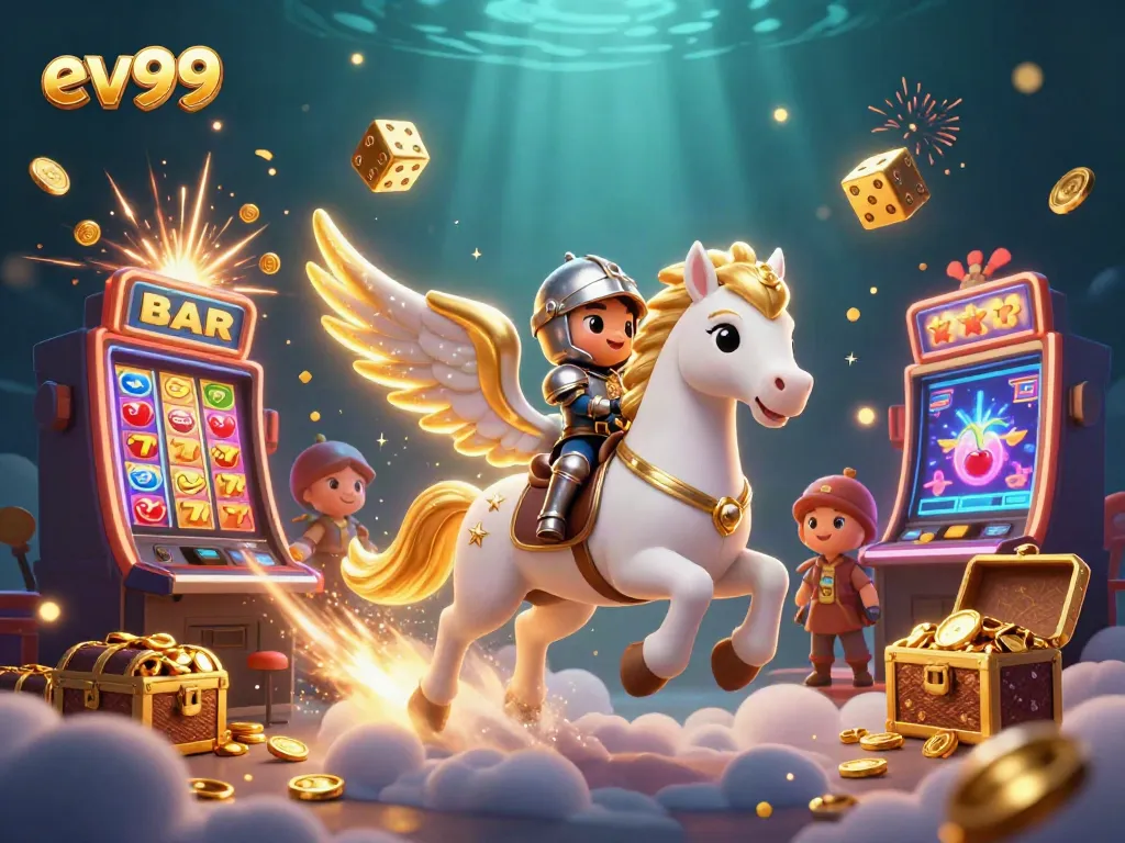Experience thrilling wins at ev99 with a magical 3D scene of a cosmic horse and knight amidst casino elements.