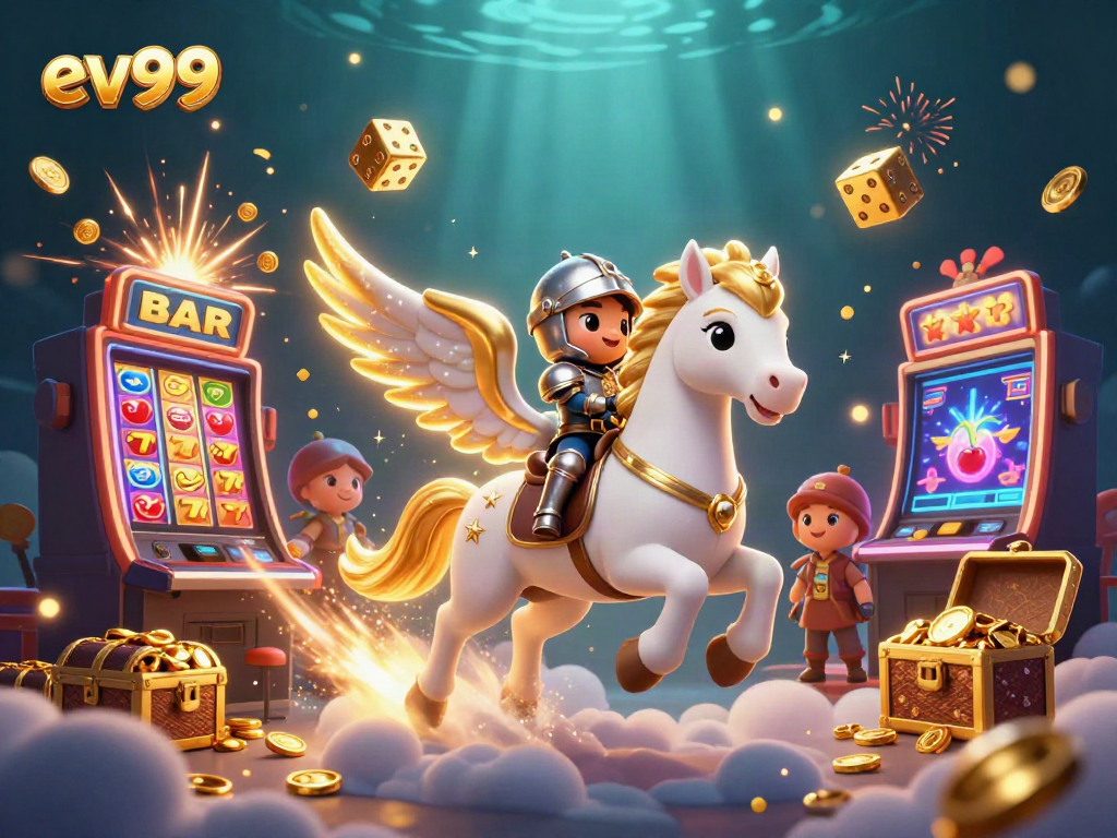 Experience thrilling wins at ev99 with a magical 3D scene of a cosmic horse and knight amidst casino elements.