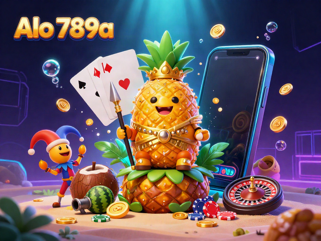 Alo 789a presents an engaging, vibrant scene of a golden pineapple king overseeing a bustling beach casino with exciting gambling elements.