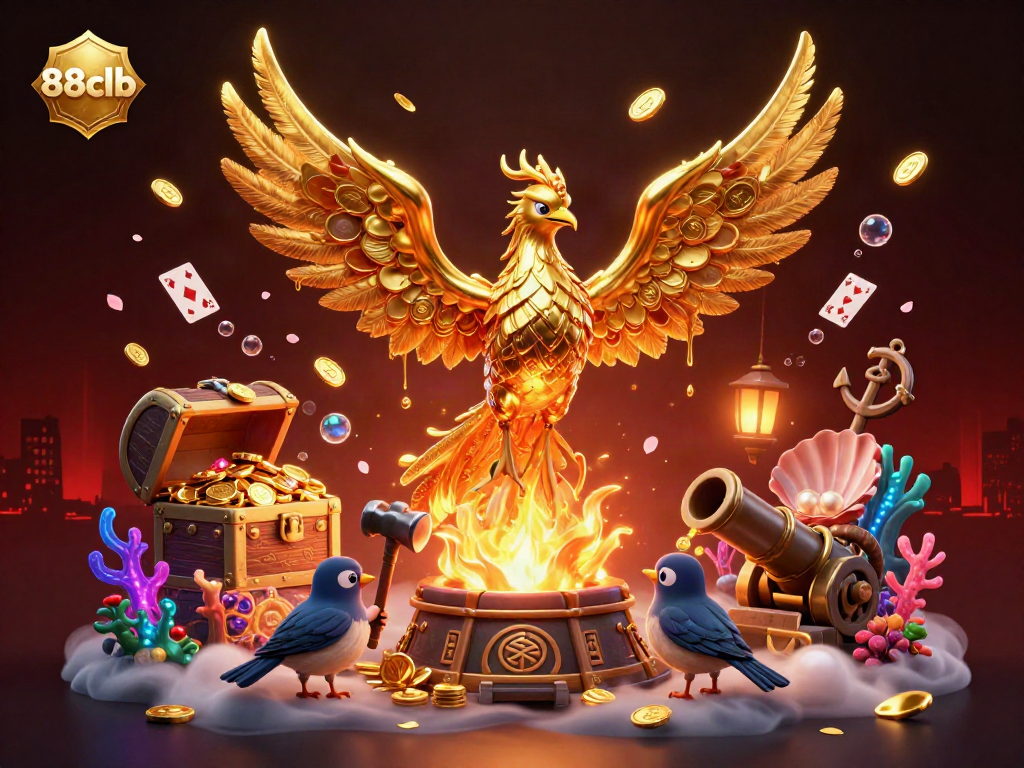 Experience excitement with the 88clb golden phoenix amid treasures and games in this vibrant casino scene.