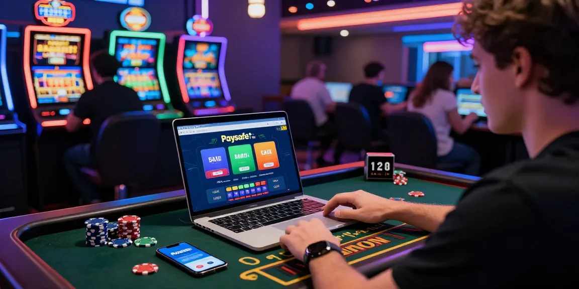 Szenen eines Paysafe-Karten-Casinos mit einem Spieler, der das Online-Gameplay genießt, und dabei Aufregung und moderne Technologie zeigt.