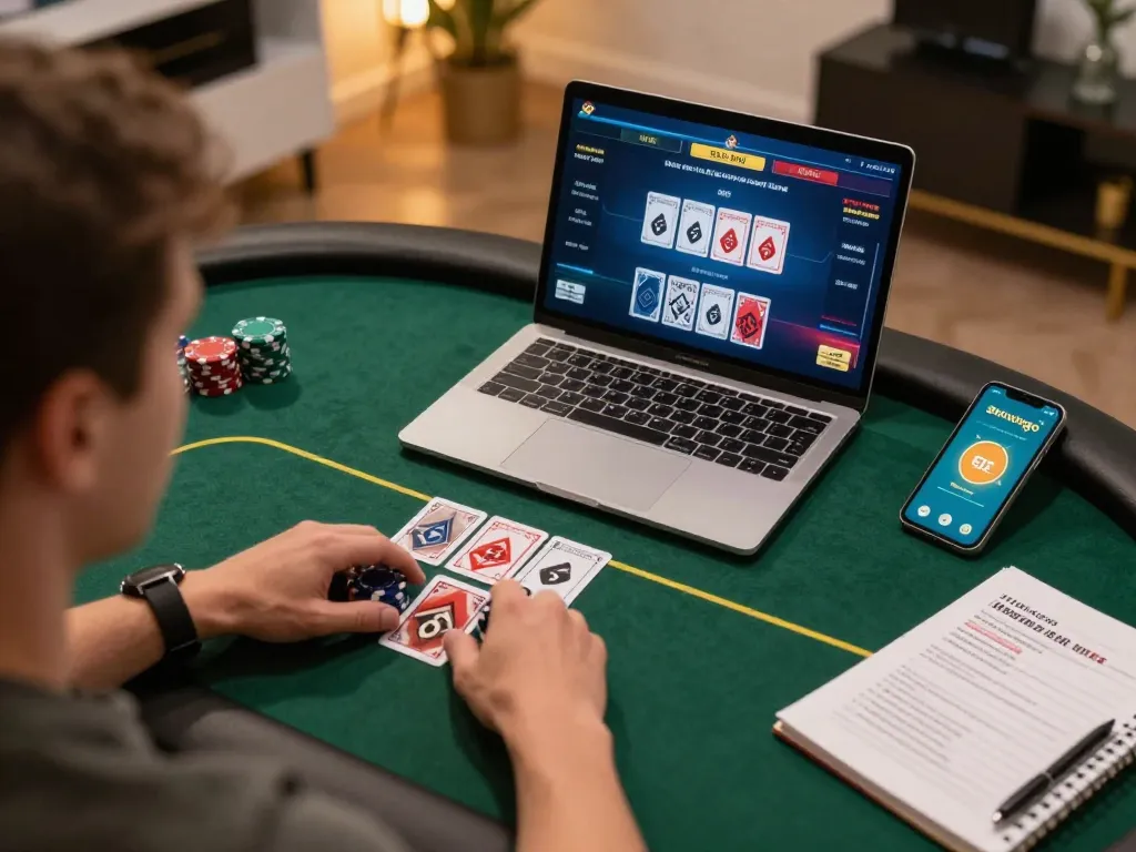 Person playing poker on laptop using the sunwingo app, showcasing strategic gameplay in a cozy environment.