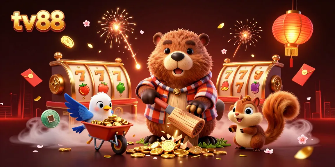 Win big with tv88’s 3D illustration of a beaver and friends enjoying slot game riches.