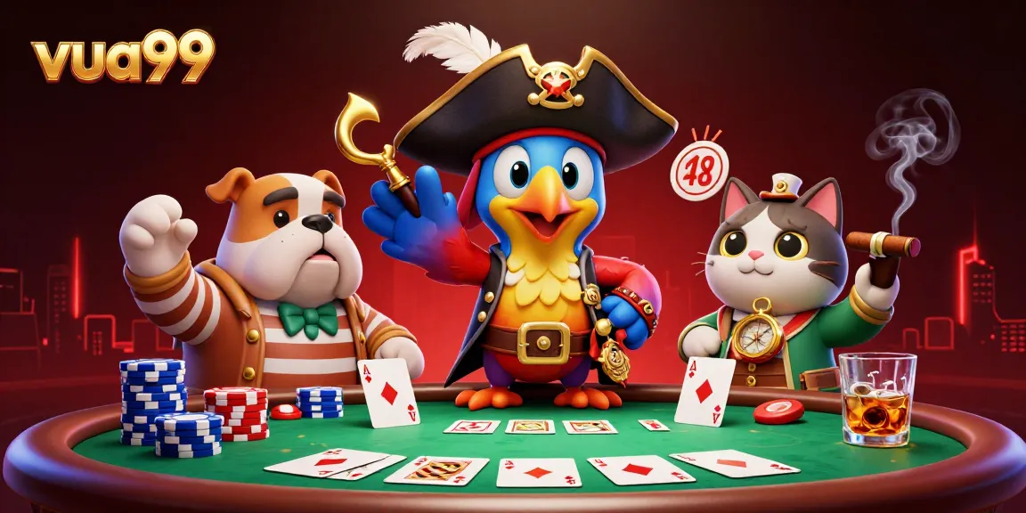 Engage in thrilling gaming at vua99 with a lively 3D scene of a pirate captain and friends around a poker table.