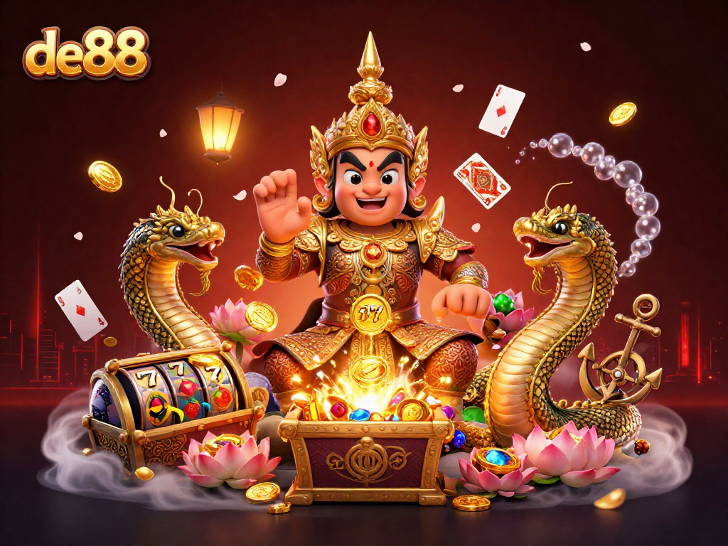 Experience excitement at de88 with a dynamic scene featuring slot reels and vibrant characters.
