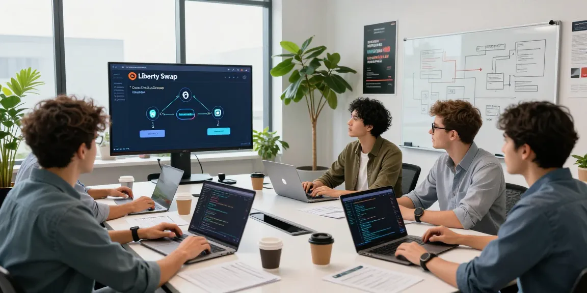 Team collaborating on libertyswap technology in a vibrant office environment