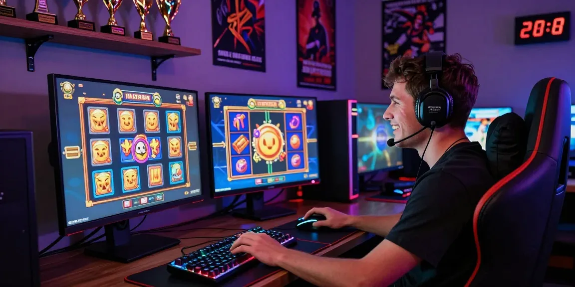 Exciting gaming scene featuring slot depo 1k gameplay with vibrant graphics, a happy player, and gaming accessories.