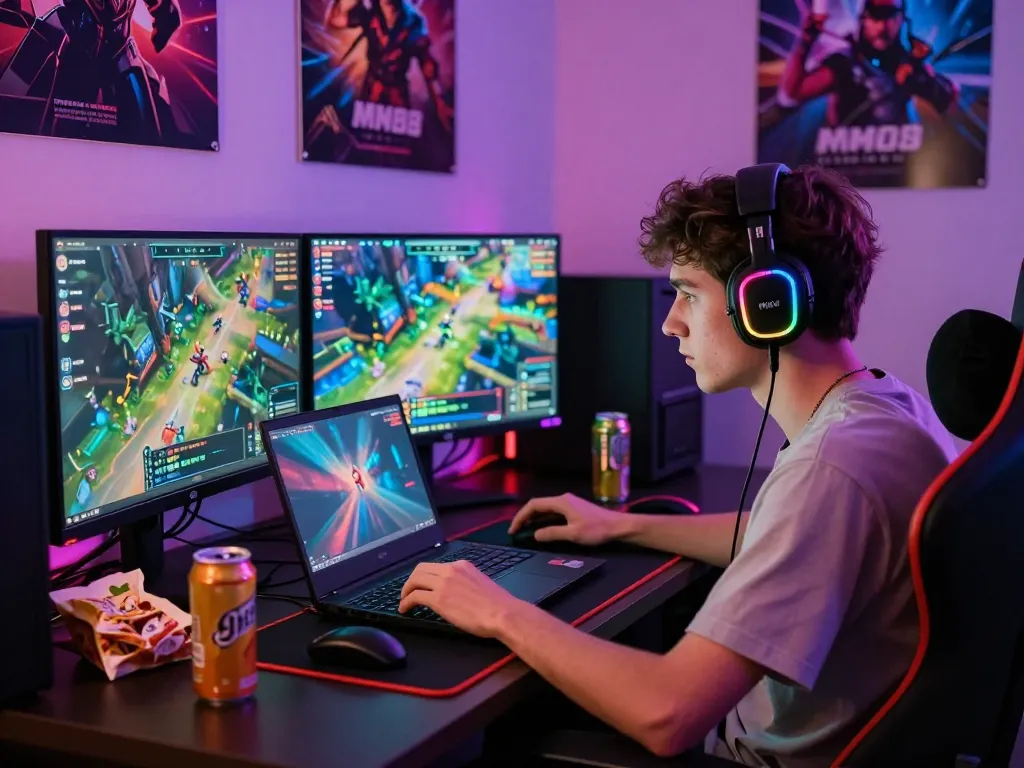 Intense gaming session with MM88 visuals, laptop and monitors lit up in vibrant colors.