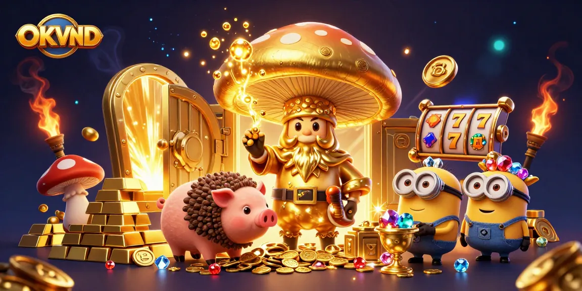 Engage with OKVND's golden treasures in this vibrant casino scene with magical elements.