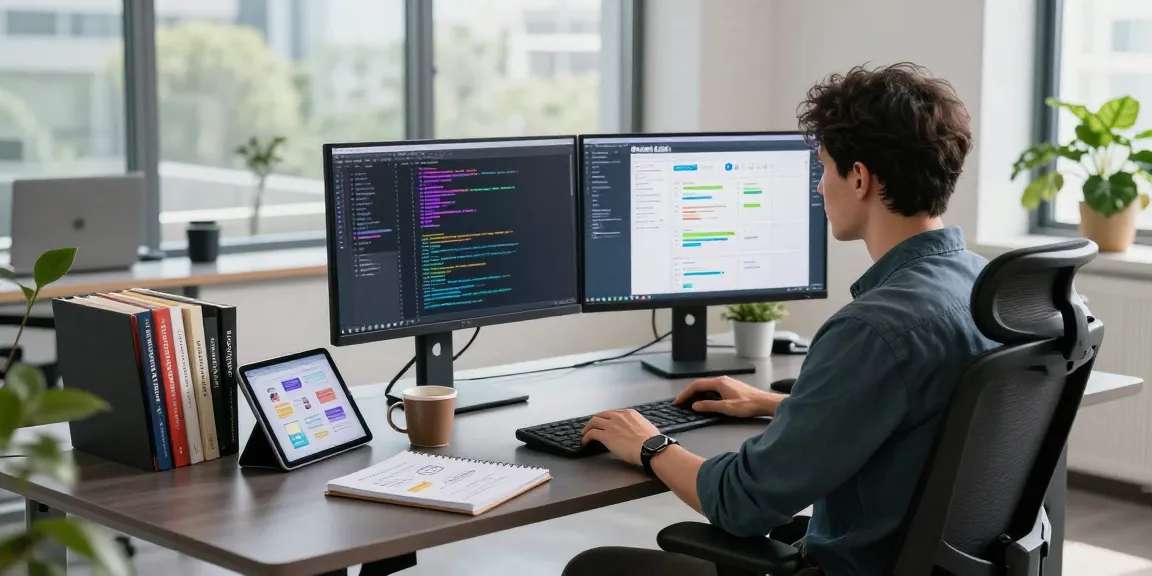 Developer coding in a modern workspace highlighting telegraimin.com tech innovation and productivity.