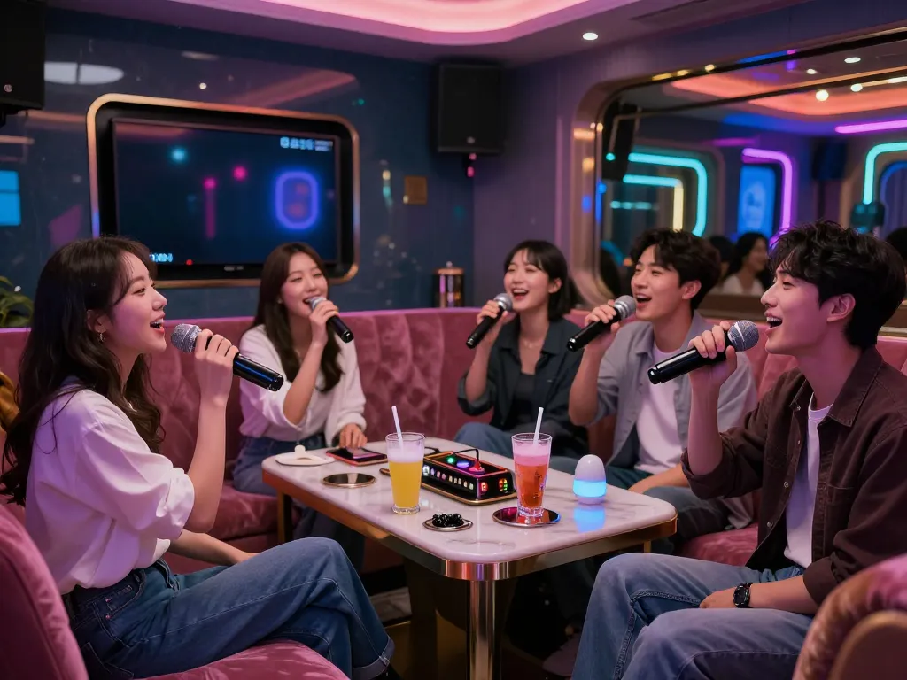 스타일리시한 방에서 인천쓰리노 노래방 밤문화를 즐기는 친구들 그룹