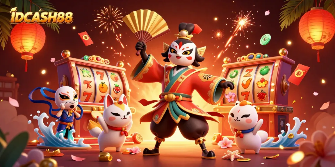 Engage with the excitement of IDCASH88 through this vibrant casino scene illustration.
