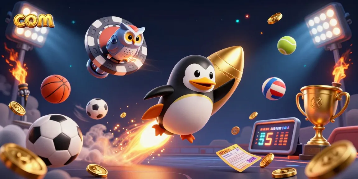 Bet on com with a dynamic scene of a golden penguin and sports elements in a vibrant casino space.