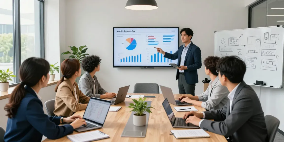 Business professionals discussing which business mobile provider is best UK in a modern conference room with data displays and collaborative elements.